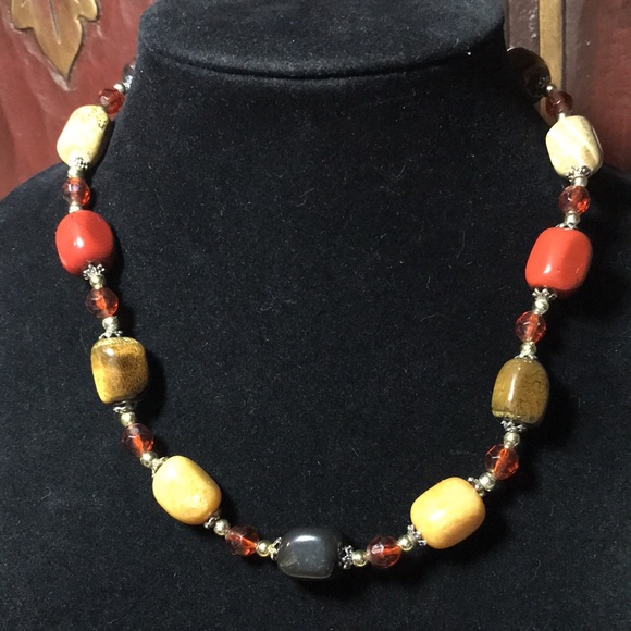 EVC Bohemian Jasper Stone 22”L Necklace Earthy Fall Colors Silver Tone Accents - Picture 1 of 8